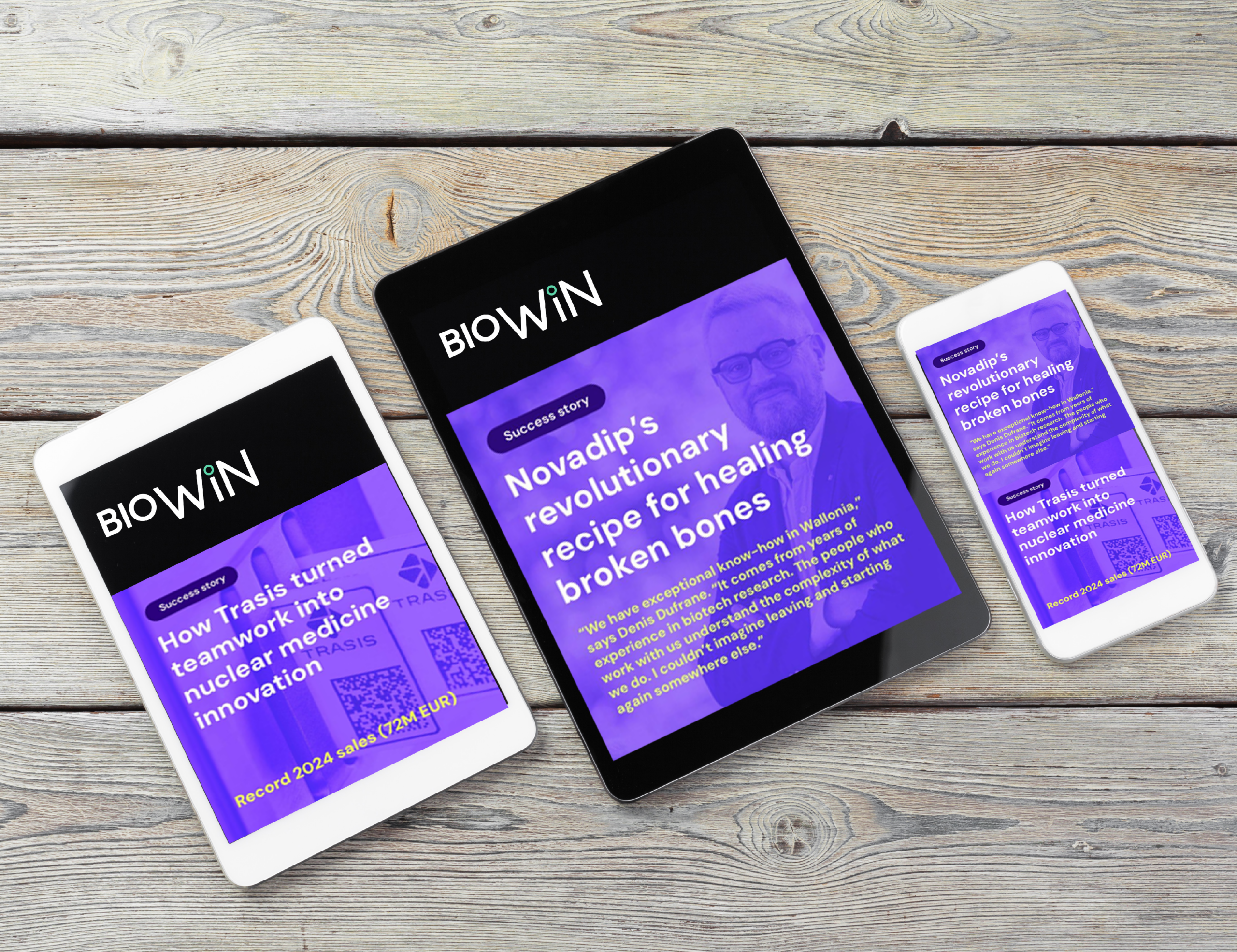 An example of articles on a tablet and phone showing client success stories