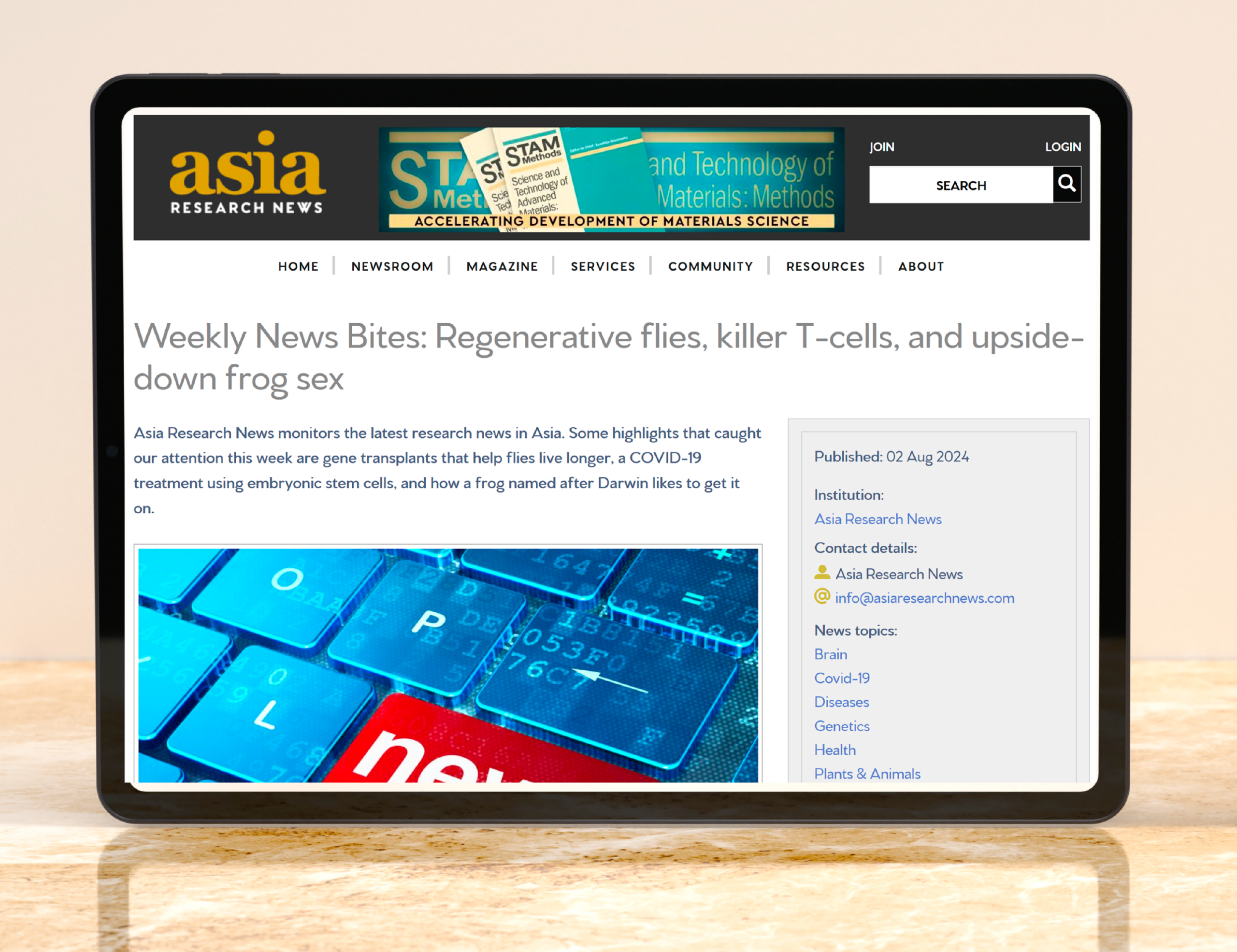 An example of science articles on a tablet showing weekly news roundup