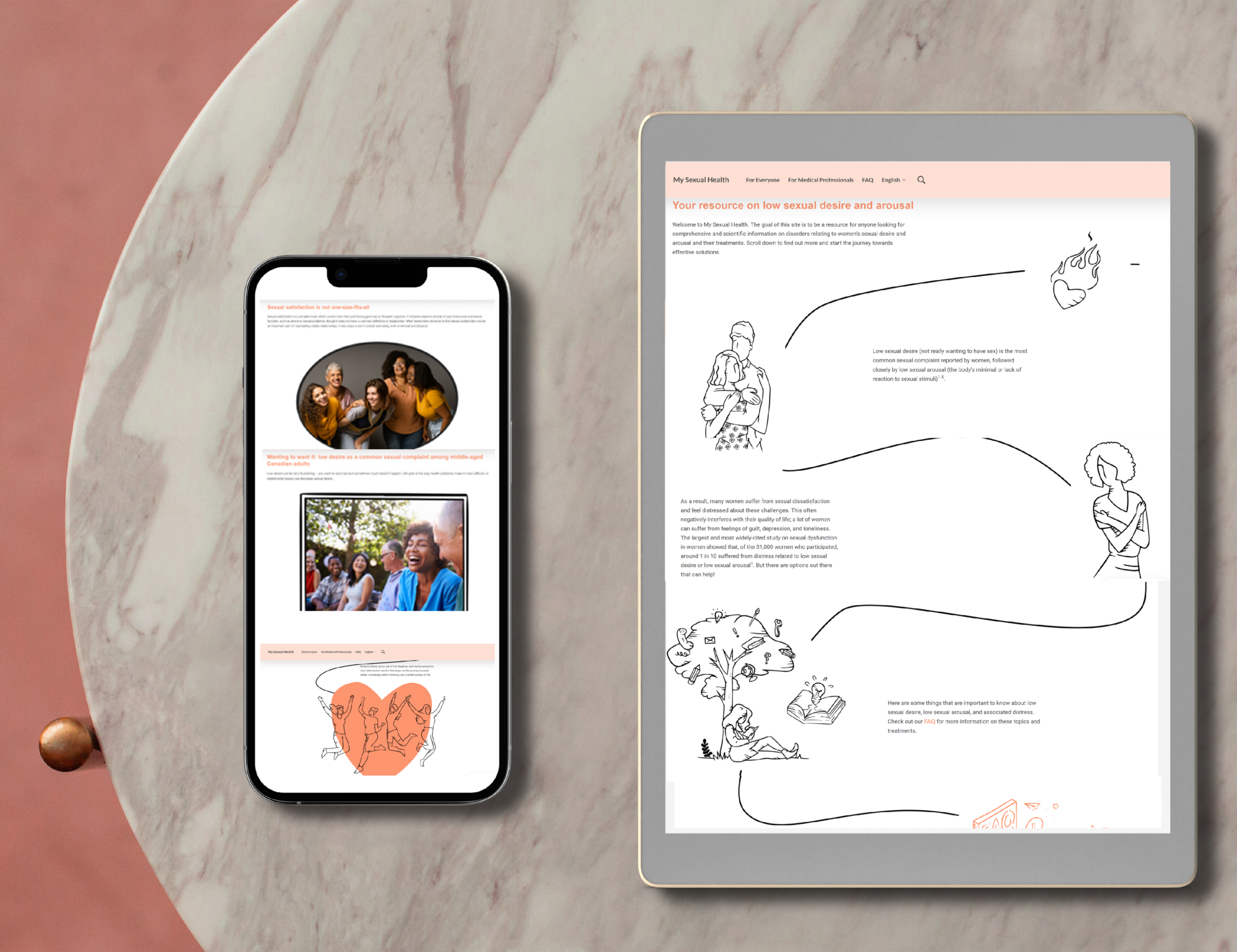 An example of science articles on a tablet and mobile phone showing an female-focused writing